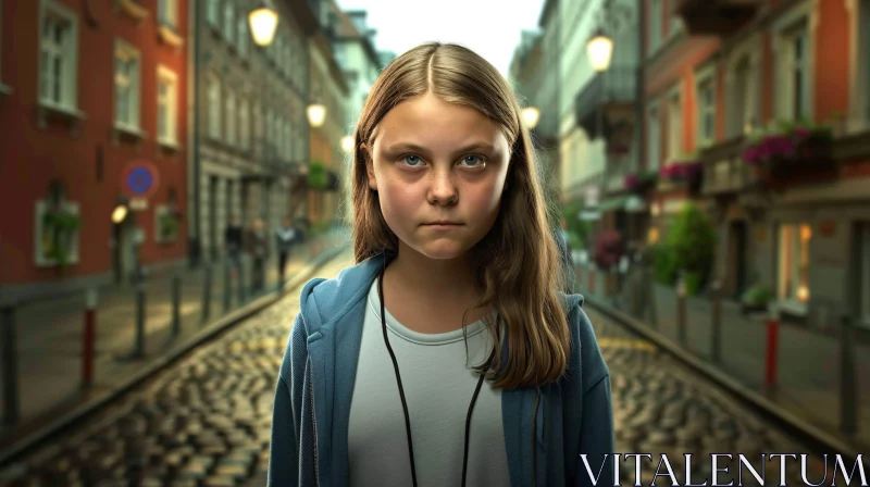 Urban Portrait of Greta Thunberg at Dusk AI Image