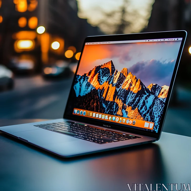 Outdoor Laptop with Mountain Sunset AI Image