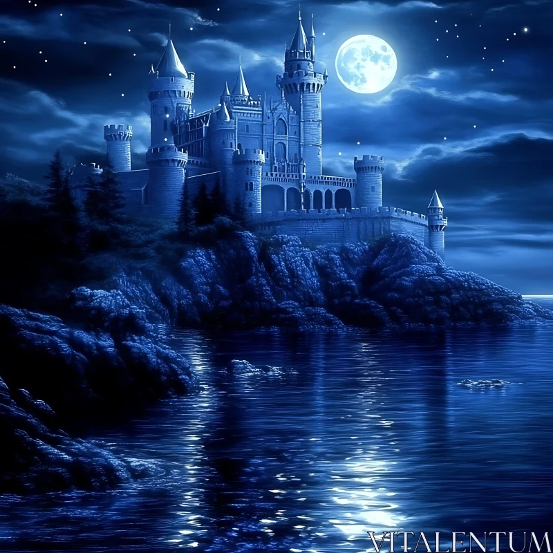 Night Castle by the Sea AI Image