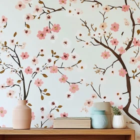 Serene Room with Pink Cherry Blossom Wallpaper