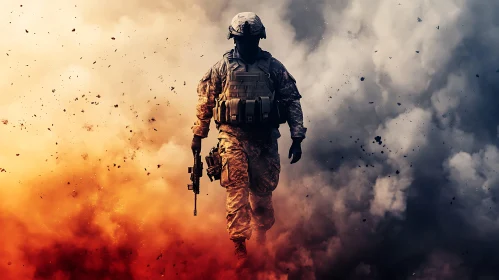 Soldier Walking Through Fire and Smoke