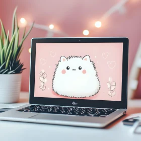 Charming Fluffy Cat Drawing on Laptop
