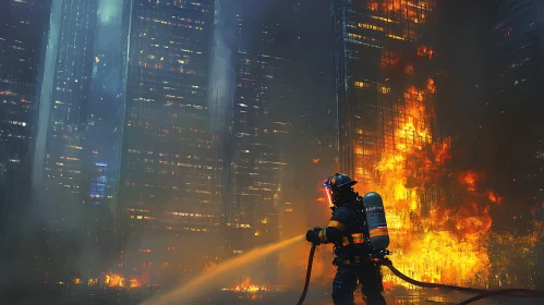 Heroic Firefighter in Burning City at Night