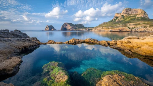 Serene Waterscape with Rocky Terrain and Scenic Mountains