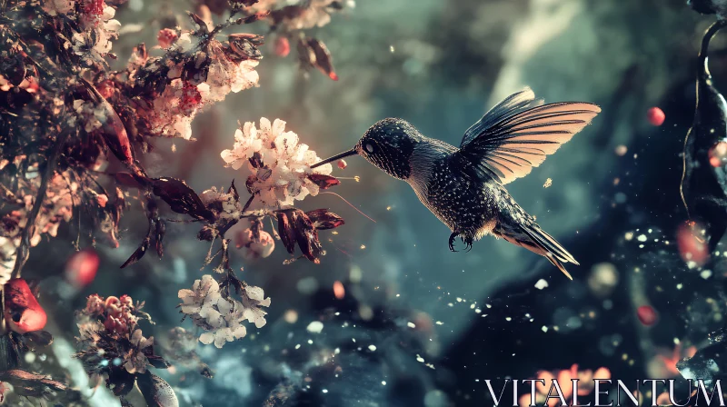 Flight of the Hummingbird Near Blossoms AI Image