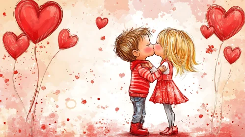 Heart Balloons and Children Kissing