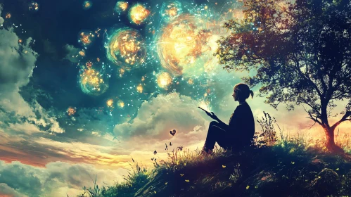 Woman Reading Under Magical Sky