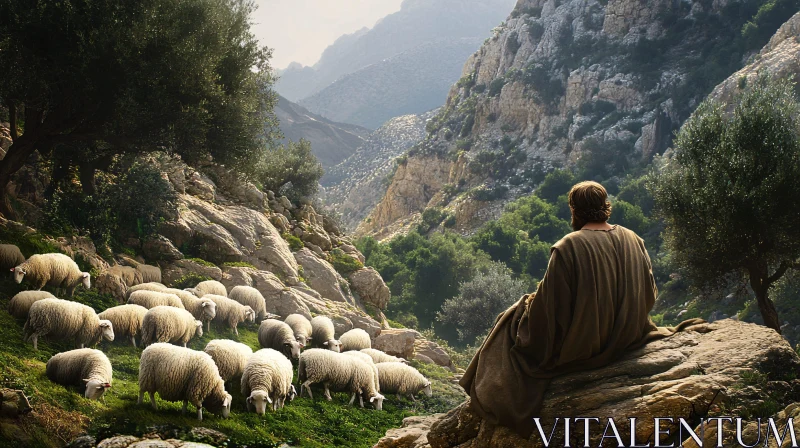 Pastoral Scene with Shepherd and Sheep AI Image