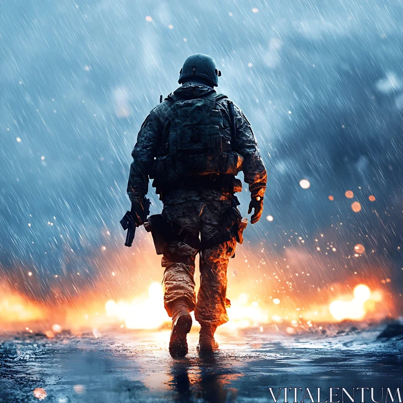 AI ART Lone Soldier in Rainy Battlefield