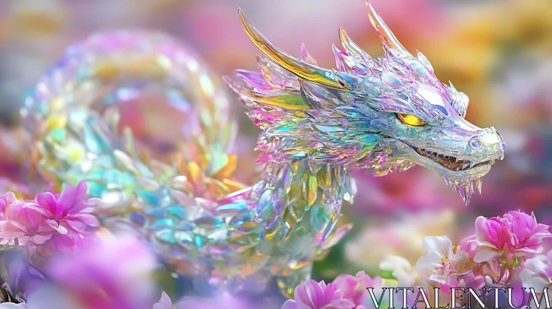 AI ART Prismatic Dragon Among Blossoms