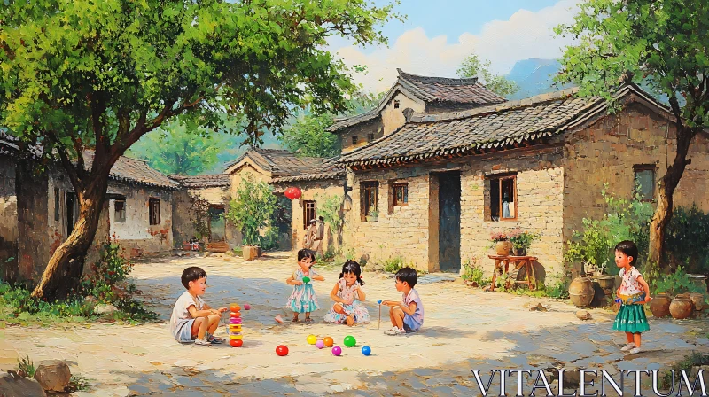 Children Playing in Village Yard AI Image