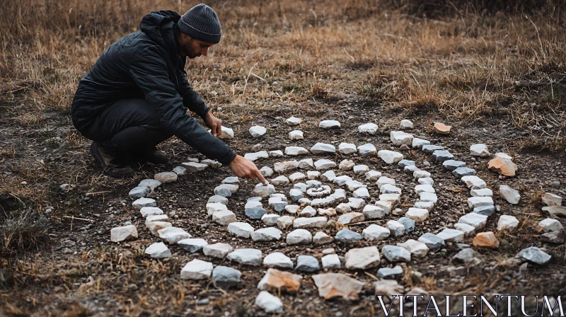 Man Creating Stone Spiral on Earth AI Image