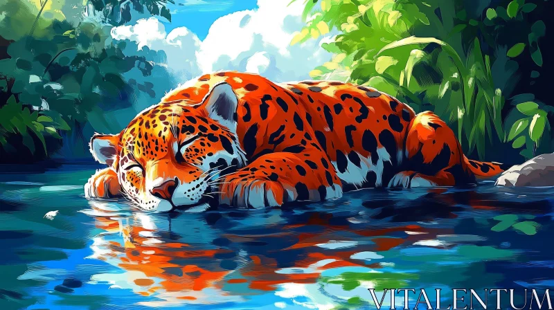 Peaceful Leopard in Jungle by the Water AI Image