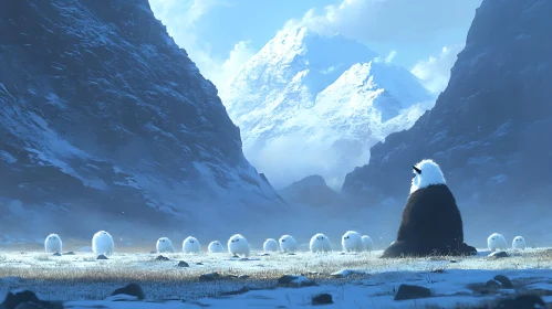 Snowy Mountain Scene with Unique Beings