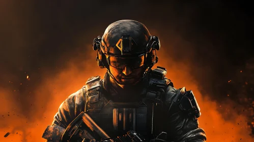 Tactical Soldier Amidst Flames Art