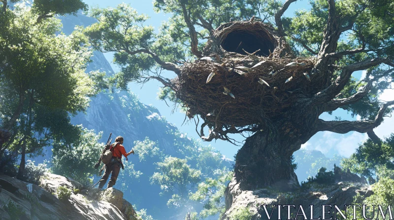 AI ART Colossal Tree with Nest in Mountain Landscape