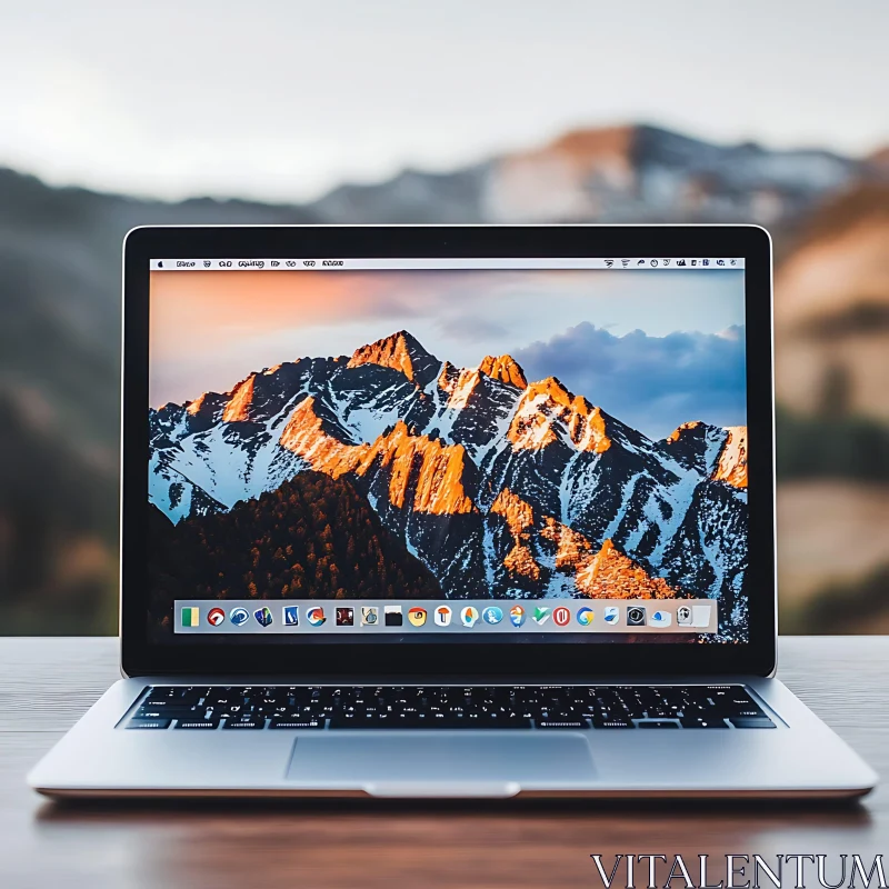 Laptop with Scenic Mountain Desktop Background AI Image