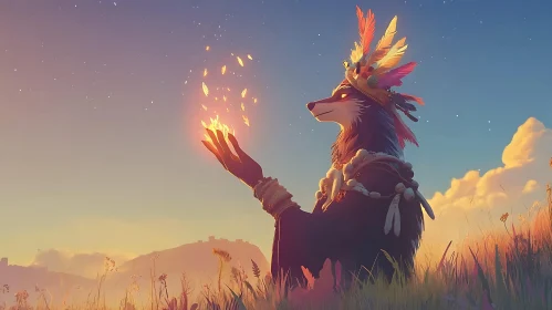 Feathered Wolf Holding Glowing Embers