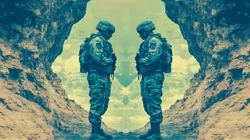 Mirrored Military Men in Rugged Terrain