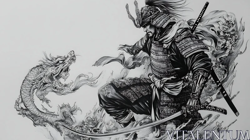 Monochrome Drawing of Samurai and Dragon AI Image