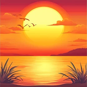 Sunset Seascape with Birds