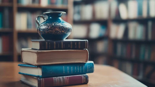 Antique Books with Decorative Vase