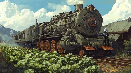 Old Locomotive in Countryside Landscape