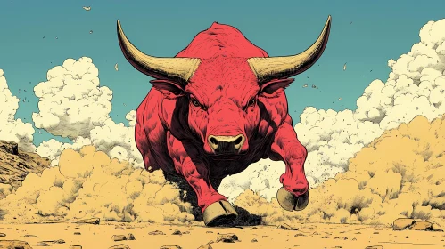 Charging Red Bull in Dusty Terrain