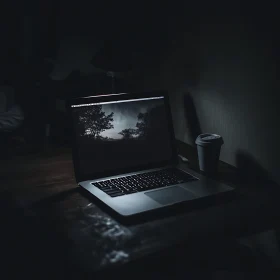 Nighttime Workspace with Laptop and Coffee