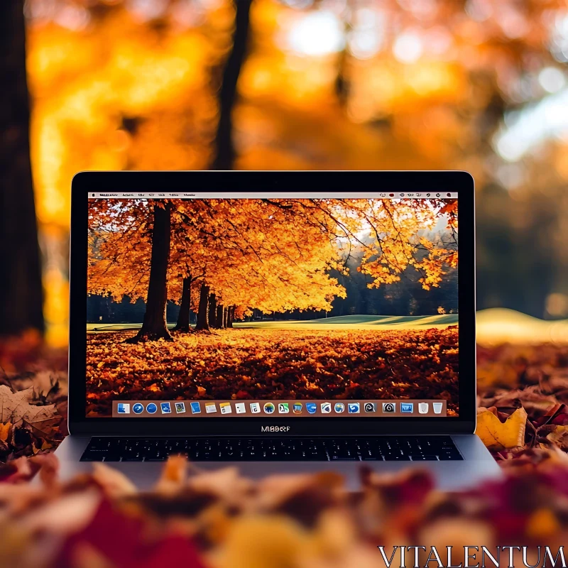 Autumn Bliss: Laptop amidst Falling Leaves AI Image