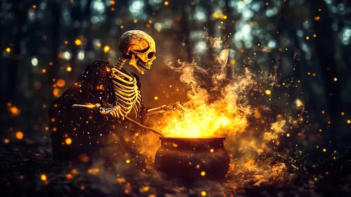 Mystical Cauldron Brewed by a Skeleton