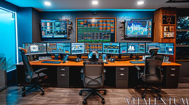 Dark Aquamarine and Orange Trading Room with Monitors | Functional Aesthetics AI Image
