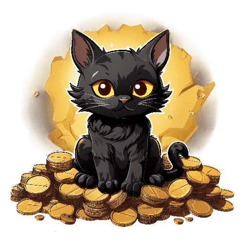 POD Design Digital Art of Black Cat on Gold Coins with Moon Background