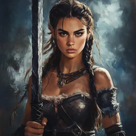 Female Warrior Portrait with Braids and Sword