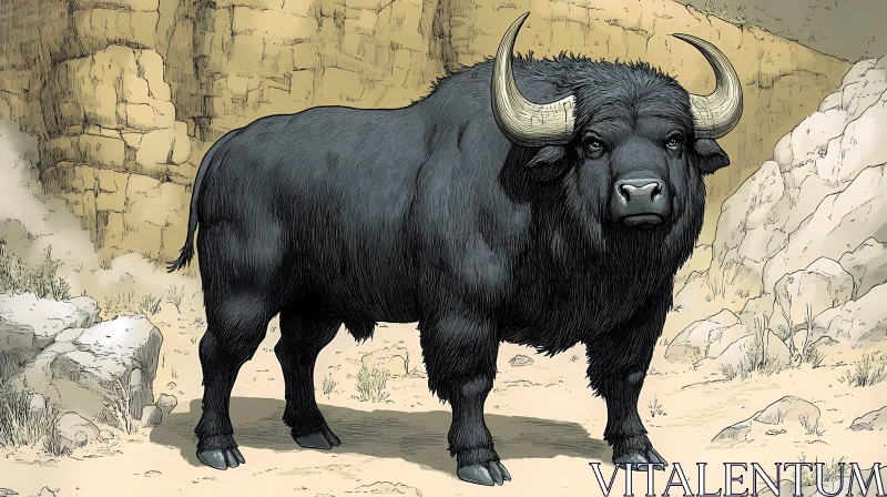 Wild Bull in Rocky Wilderness AI Image