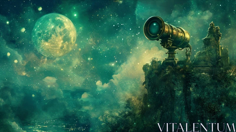 Enchanting Night Sky with Old Telescope and Moon | Digital Fantasy Landscape AI Image