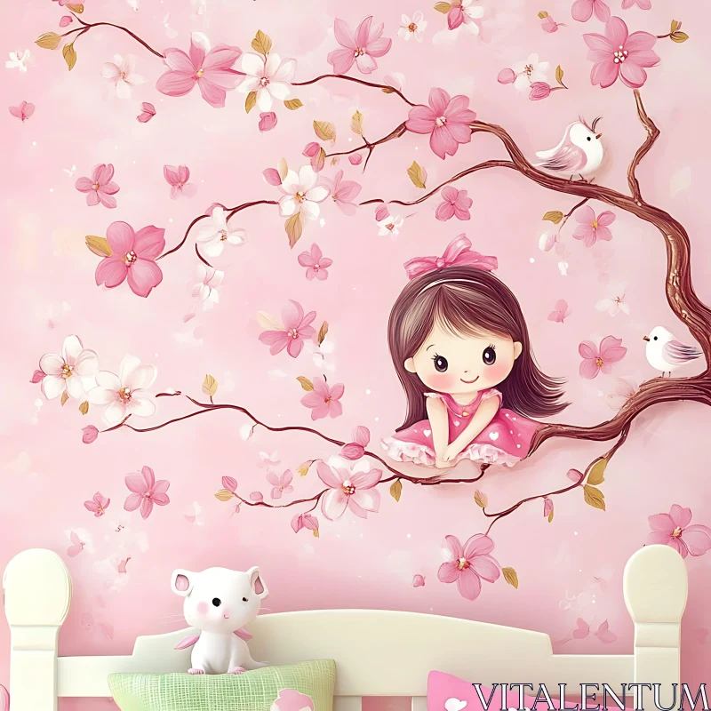 AI ART Whimsical Girl on Branch with Birds Art