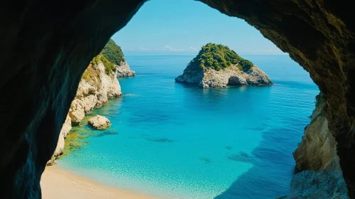 Turquoise Sea and Island from Coastal Cave