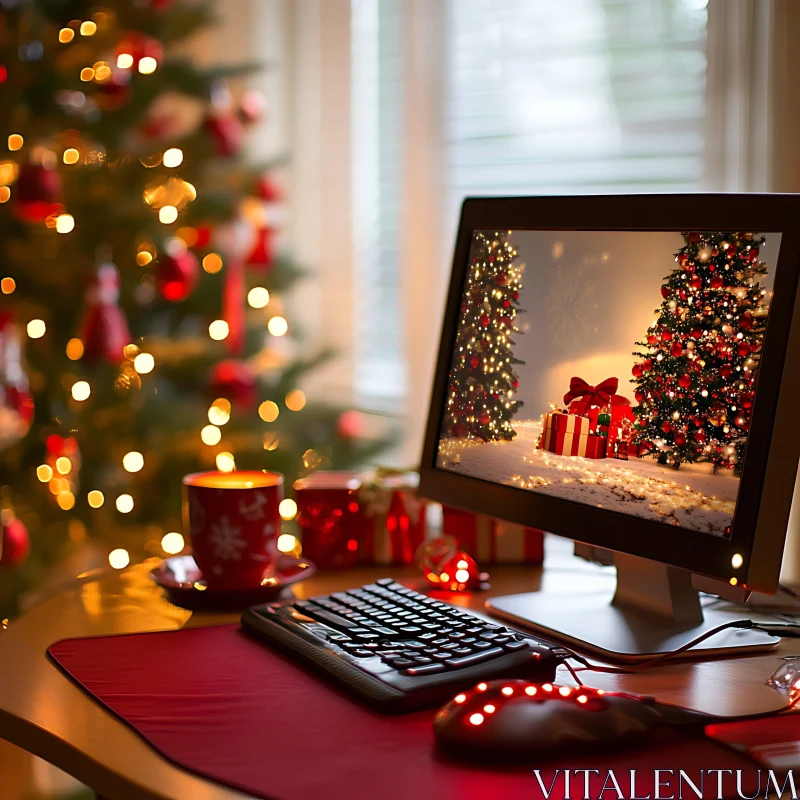 Festive Workspace with Christmas Decorations AI Image