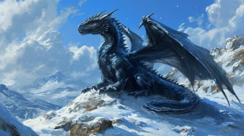 Majestic Black Dragon on Snowy Mountaintop - Immersive Fantasy Art