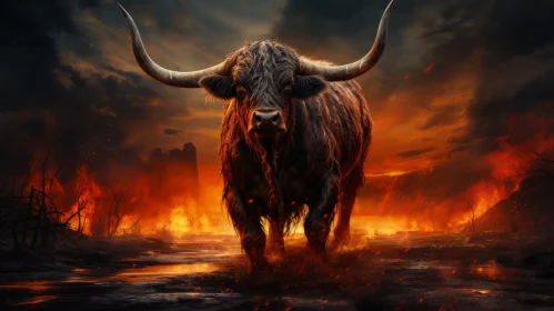 Majestic Bull amidst Fiery Landscape - Matte Painting Art