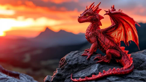 Majestic Red Dragon on a Rock in Front of Mountain Range