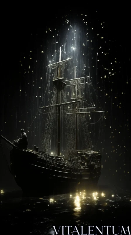 Majestic Sailing Ship in Dark Waters | Baroque Chiaroscuro Design AI Image
