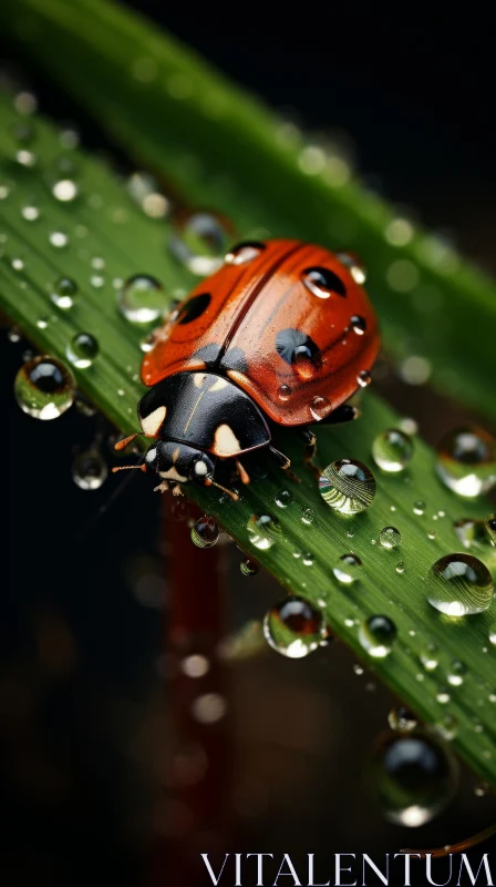 Nature's Detail: Ladybug on Leaf with Water Drops AI Image