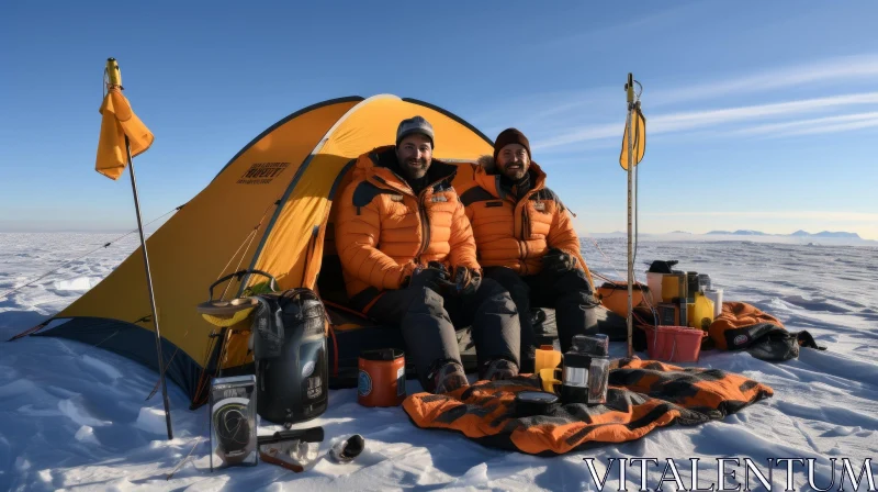 Polar Explorers on Ice: Eco-Friendly Craftsmanship in Orange and Black AI Image