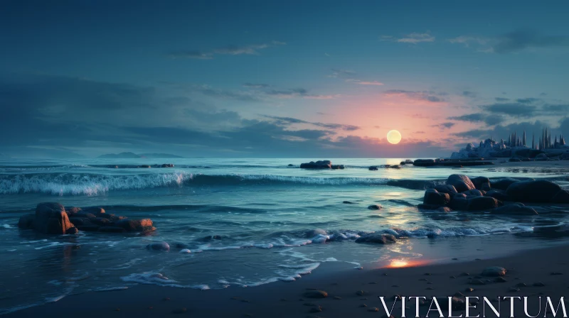 Romantic Moonlit Seascapes: Serene Coastal Landscapes AI Image