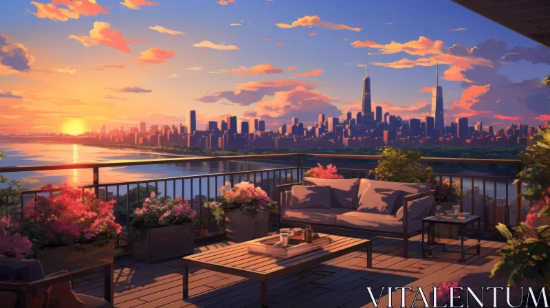 AI ART Tranquil Cityscape at Sunset with Balcony Garden View