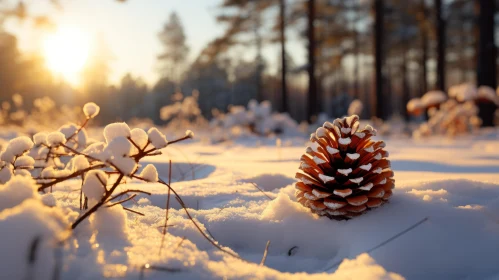Winter Solitude - Pine Cone in Snowy Forest at Sunset