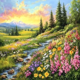 Idyllic Landscape with Stream and Wildflowers