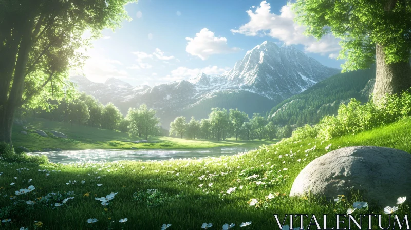 AI ART Peaceful Landscape with Snow-Capped Peaks and Flowered Meadow